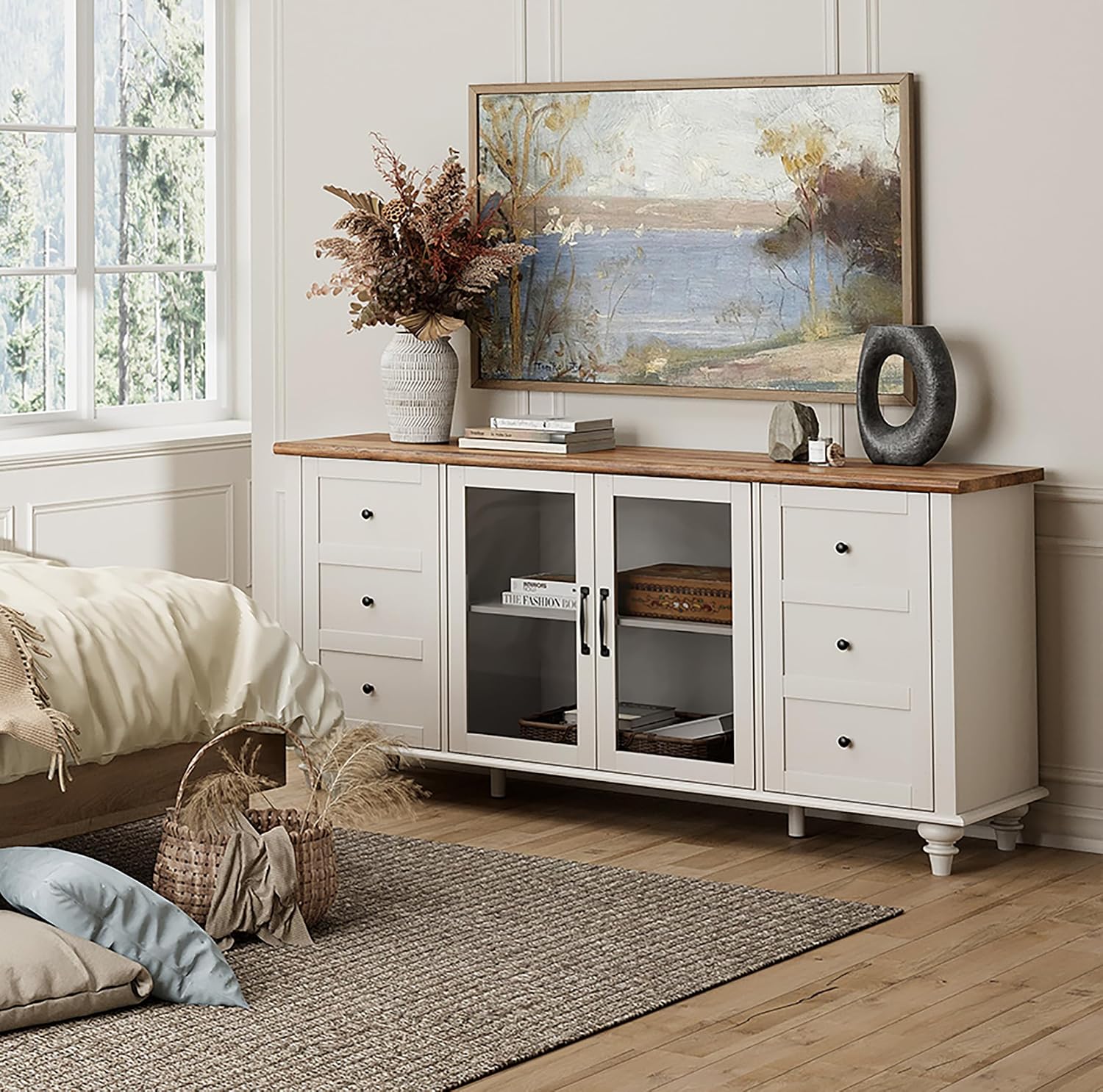WAMPAT Farmhouse TV Stand for TVs Up to 65 inch, Glass Door TV Cabinet with Adjustable Shelf, Wooden Entertainment Center for 32-60 inch TV Console Table, Off White