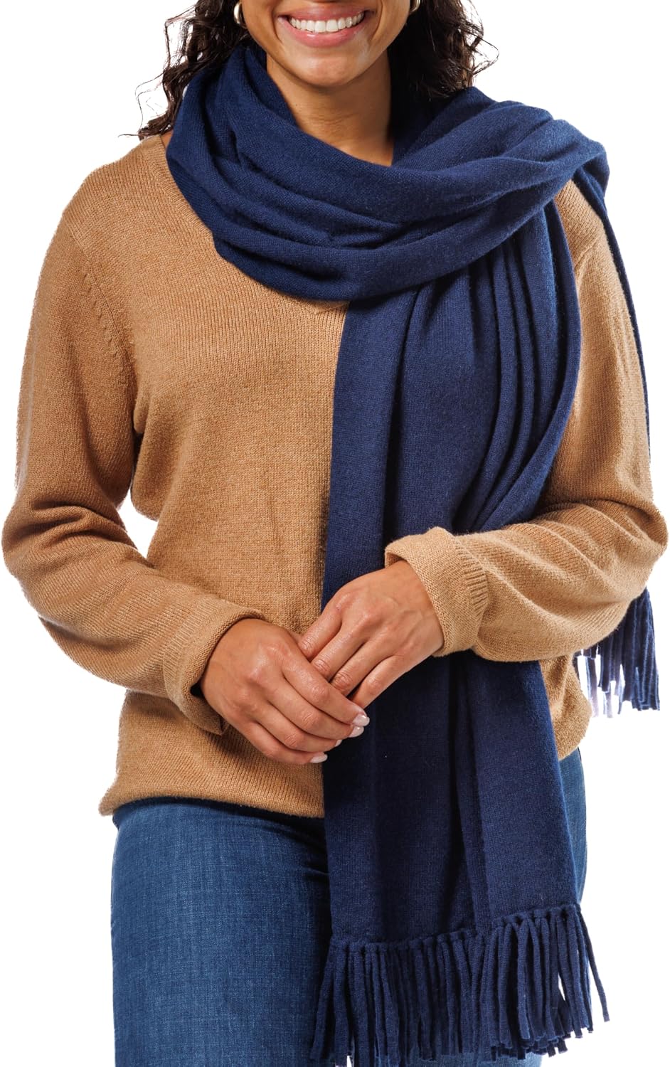 Fishers Finery Women's 100% Cashmere Knit Shawl Wrap with Fringe | Oversized 78' long by 28' wide