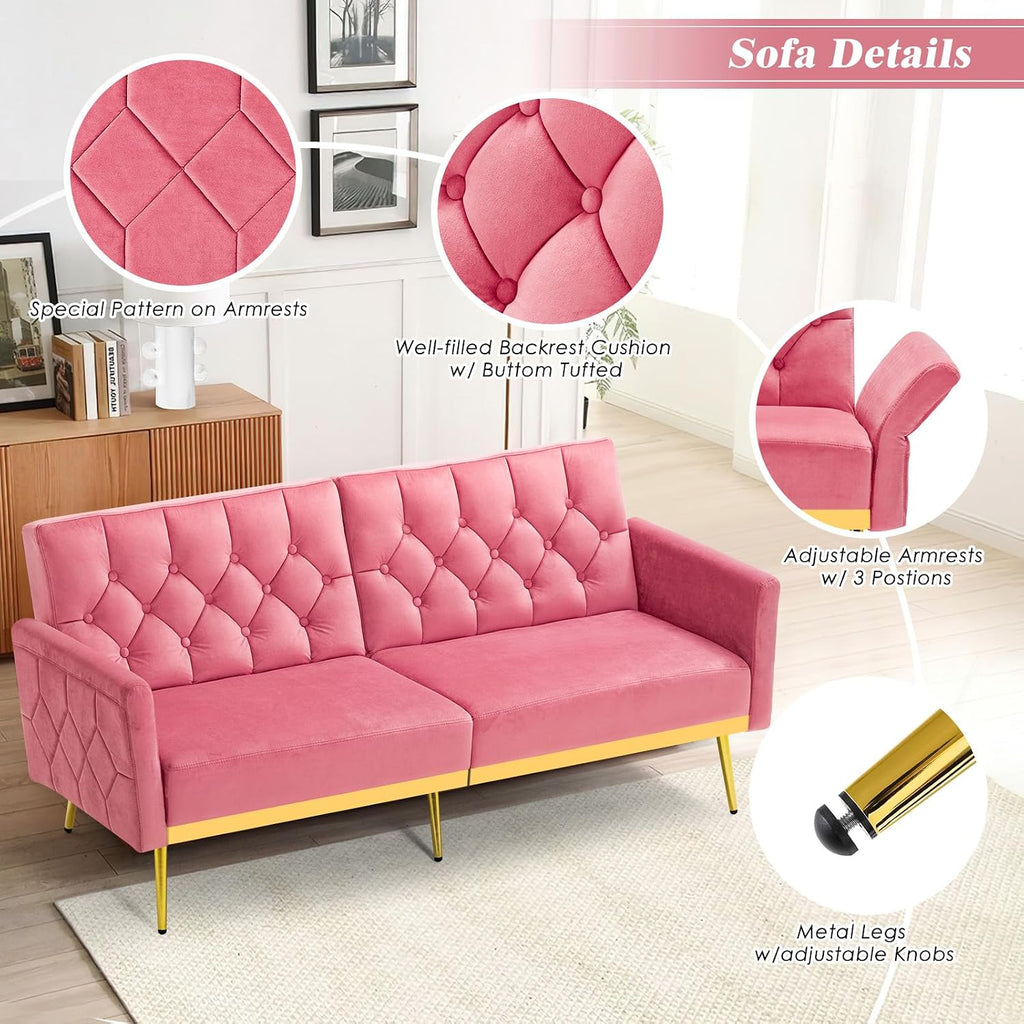 Velvet Futon Sofa Bed w/Adjustable Armrests & Backrests, Button Tufted Sleeper Couch, Modern Convertible Loveseat Sofa for Bedroom, Living Room, Apartment, Pink