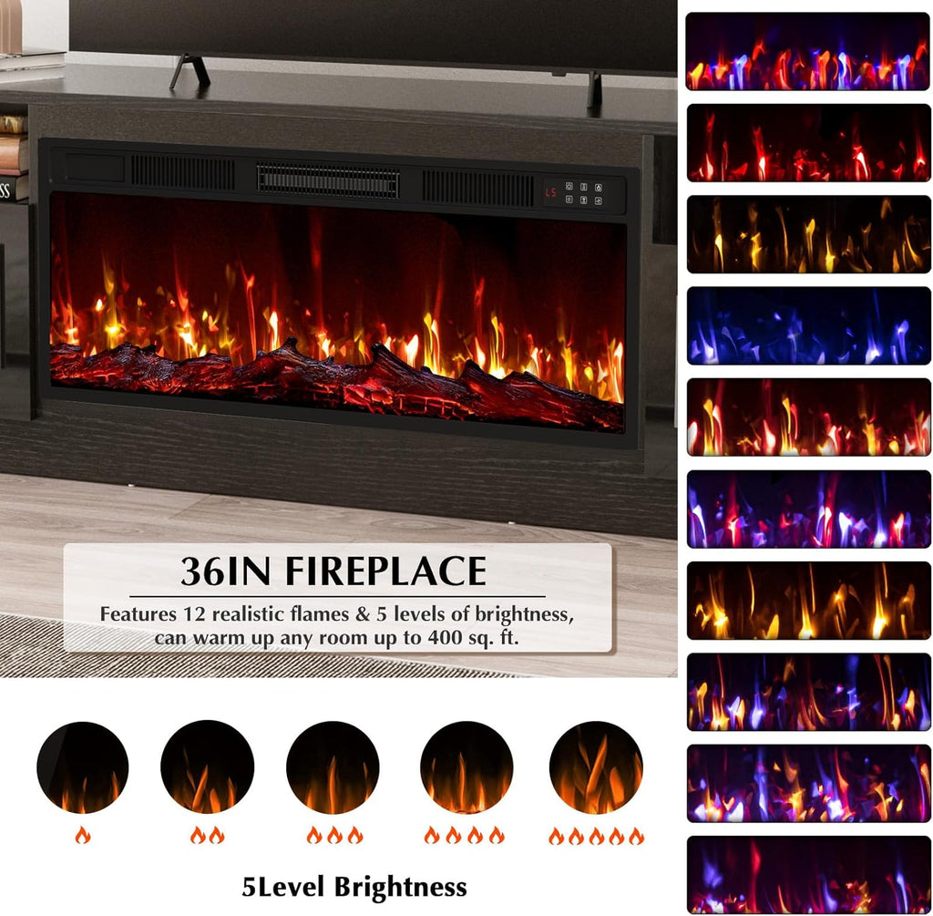 LEMBERI Fireplace tv Stand with 36 inch Fireplace Up to 80' TVs,LED Light Entertainment Center and Storage, 70' Modern Wood Media TV Console with Highlight Cabinet for Living Room (Black)