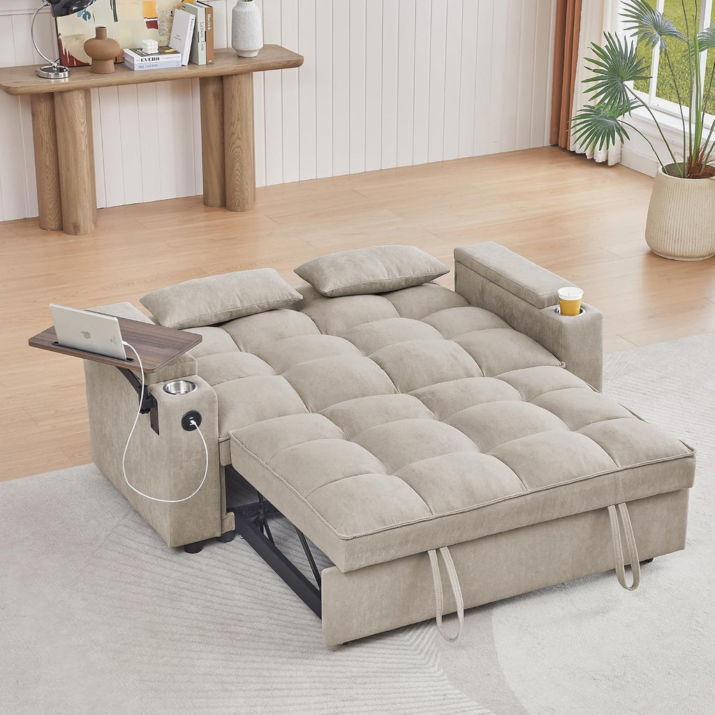 65' Cloud Couch Sleeper Sofa Bed with USB Charging Port & Side Pocket, Chenille Fabric Pull-Out Sofa with Thick Cushions, High Resilience Foam & Pillows for Living Room, Apartment, Small Spaces