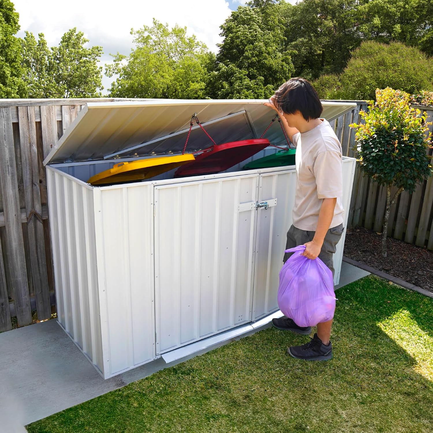 Absco Utility 7.5 Ft. x 2.5 Ft. Garbage Can Metal Storage Shed DIY Galvanized Steel Sheds for Garbage Can, Trash Bin, and Junk Storage Tools, Firewood, Gardening Equipment (Surfmist White)