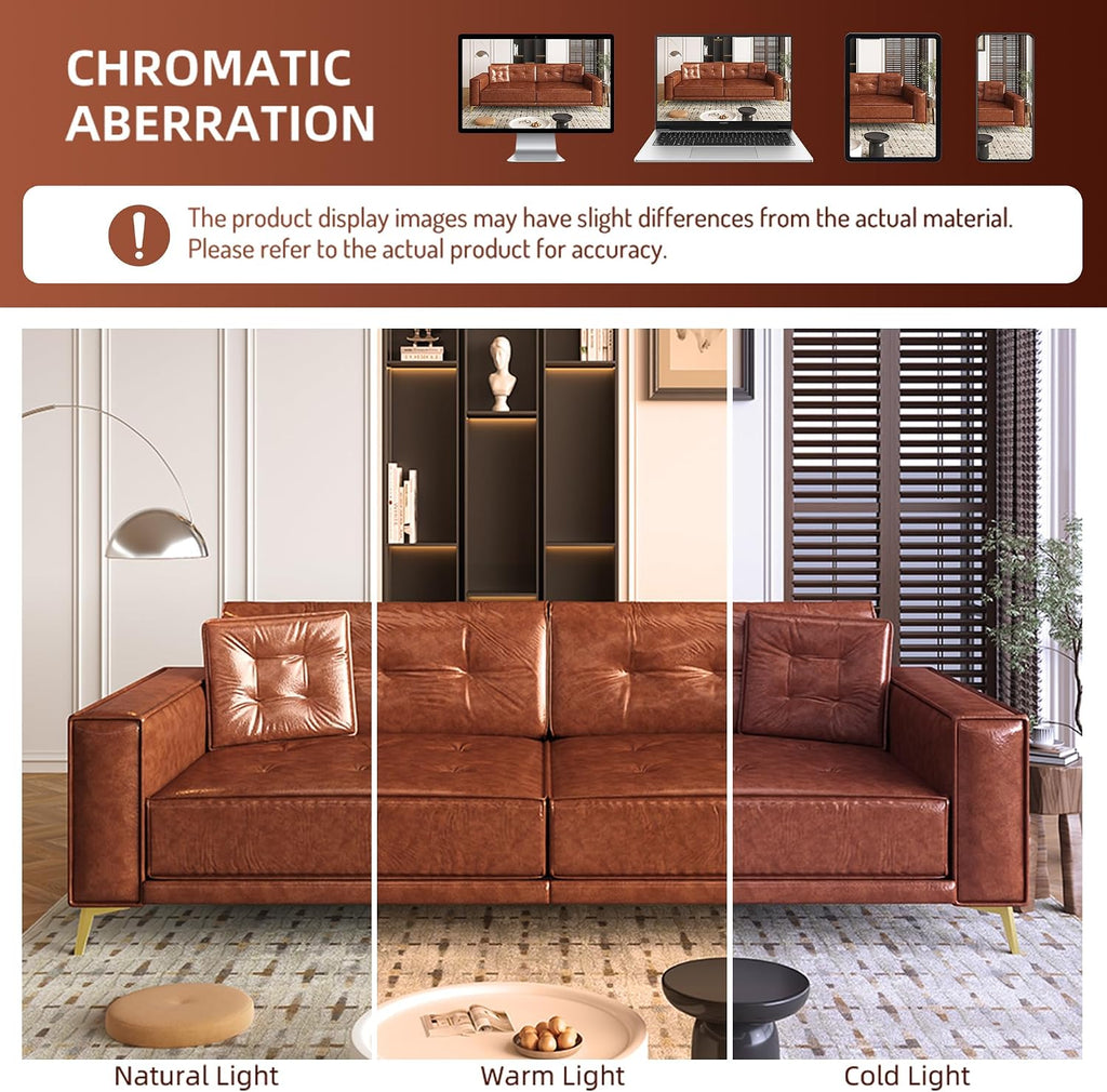 92.1'' King Pull Out Sofa Bed, Convertible Futon Couch, 3-in-1 Faux Leather Sleeper Sofa with Tufted Back, 2 Pillows, Gold Legs, Deep Folding Loveseat for Living Room, Apartment, Light Brown