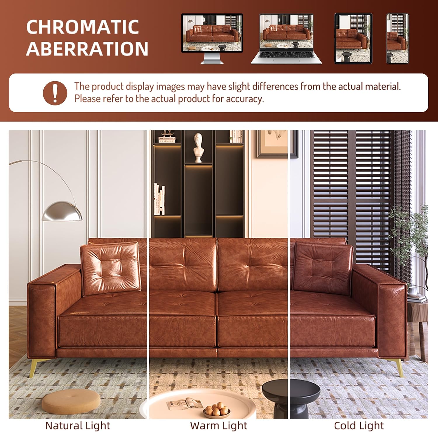 92.1'' King Pull Out Sofa Bed, Convertible Futon Couch, 3-in-1 Faux Leather Sleeper Sofa with Tufted Back, 2 Pillows, Gold Legs, Deep Folding Loveseat for Living Room, Apartment, Light Brown