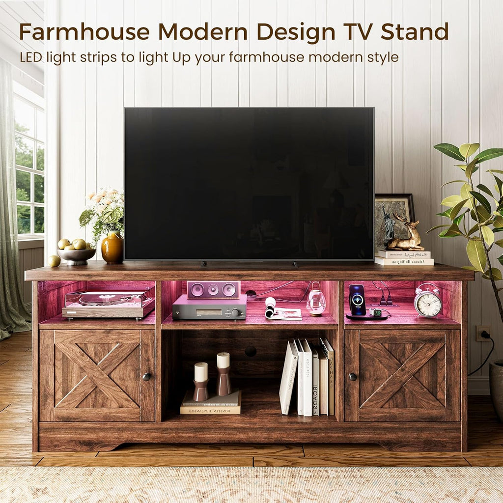 Casaottima TV Stand for 65 Inch TV, Farmhouse Entertainment Center with Power Outlet & LED Light and Storage Cabinets, Console Table and Media Furniture for Living Room Bedroom, Walnut