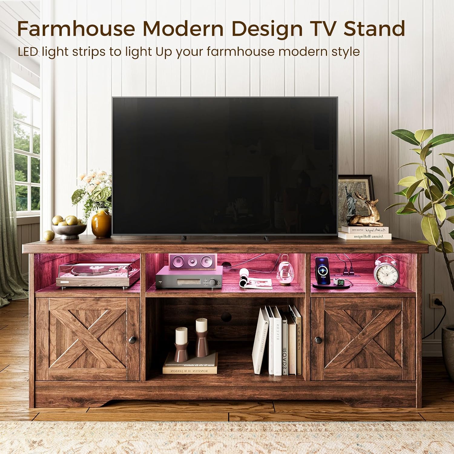 Casaottima TV Stand for 65 Inch TV, Farmhouse Entertainment Center with Power Outlet & LED Light and Storage Cabinets, Console Table and Media Furniture for Living Room Bedroom, Walnut