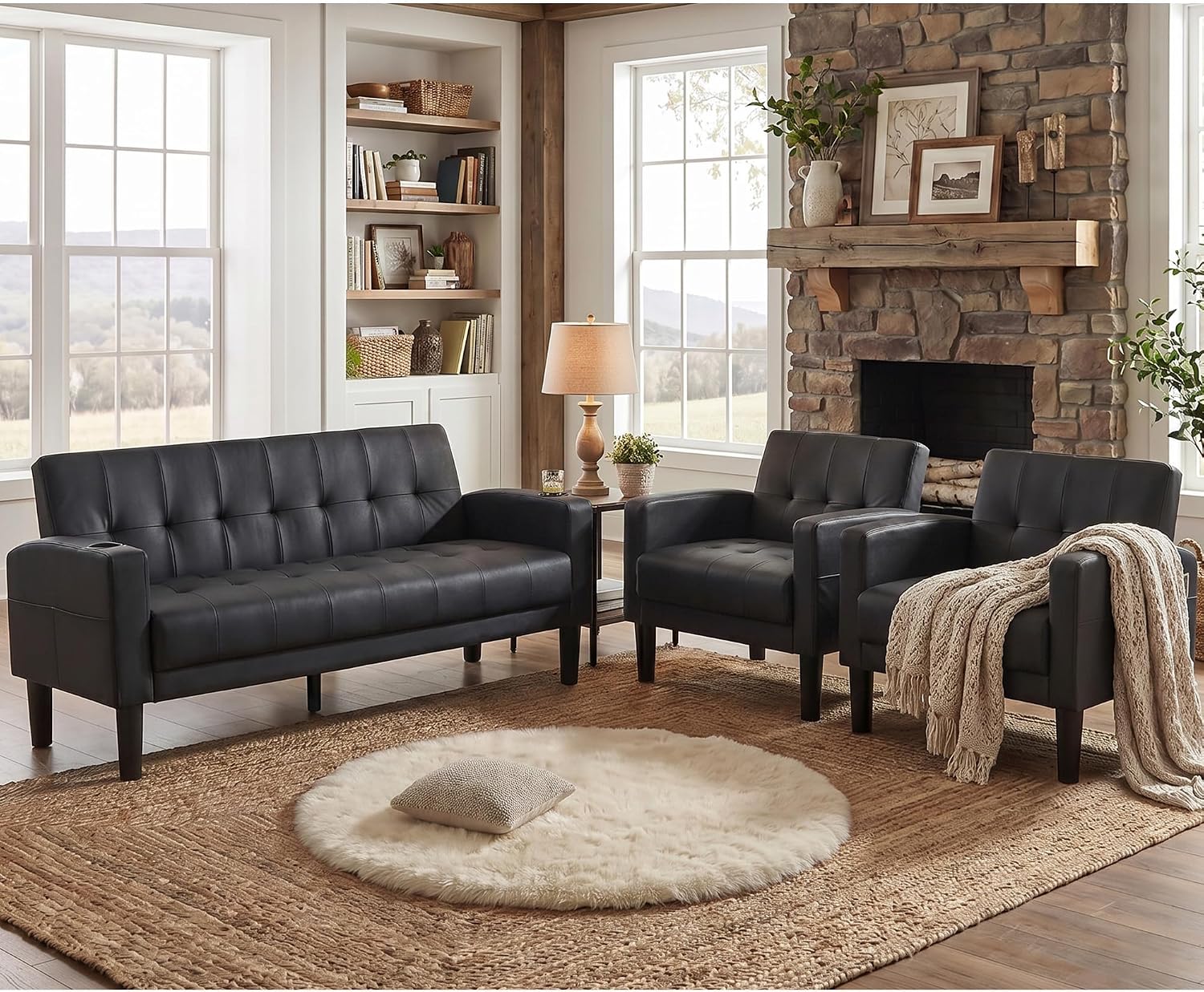 TYBOATLE Sofa Couch 62' W Loveseat w/ 2 USB Charger Ports & 2 Cupholders, Mid-Century Modern Tufted Small Love Seat Couches for Office, Living Room,Bedroom,Apartment,Dorm (3, Black)