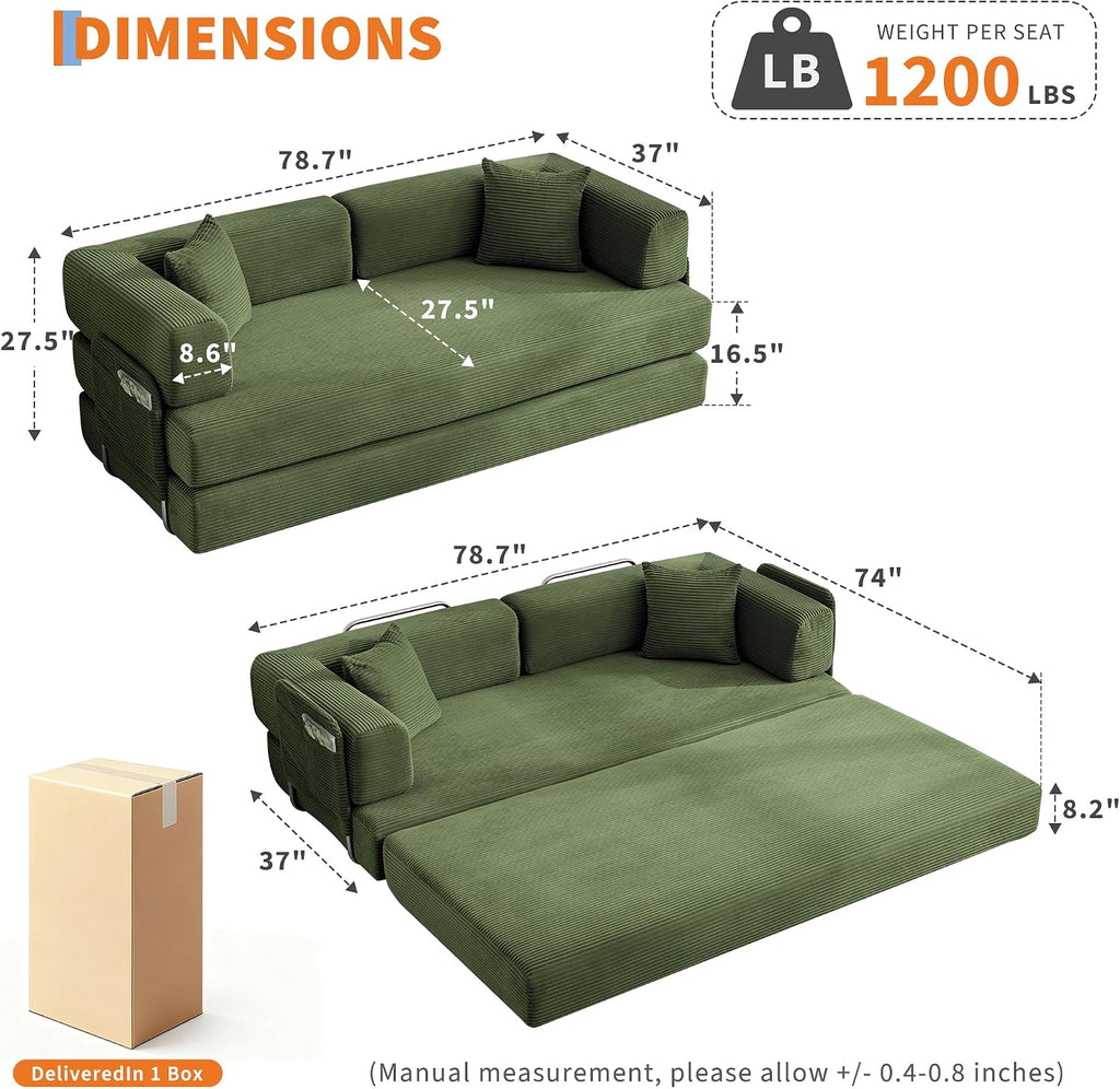 Garvee 5-in-1 Convertible Sofa Bed, 78.8' Modular Corduroy Sleeper with Sturdy Frame & No Assembly, Multi-Functional Futon for Small Space, Living Room & Guest Room (Green) (Green)