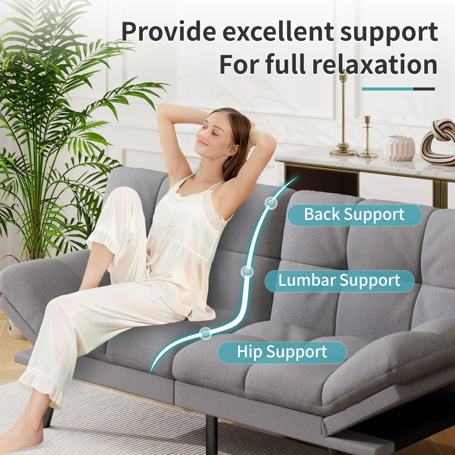 MUUEGM 71' Futon Sofa Bed, Comfortable Memory Foam Futons Sofa with Adjustable Backrest & Armrests, Convertible Loveseat Futon Bed for Compact Living Room, Apartment, Office, Grey