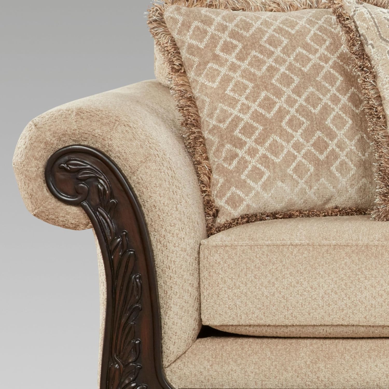 Hernen 2-Piece Living Room Set, Carved Wood Frame Sofa and Loveseat, Beige Wheat