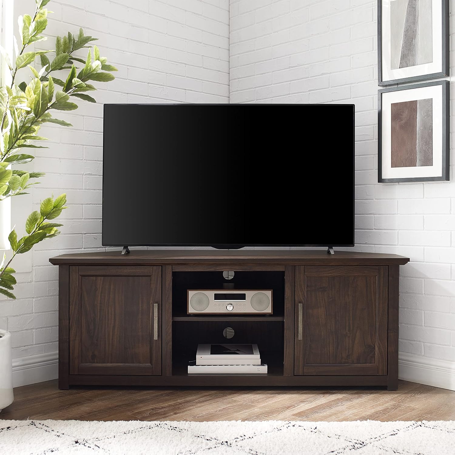 Crosley Furniture Camden Corner TV Stand for 65+ inch TVs, Entertainment Center with Storage Shelves, Dark Walnut