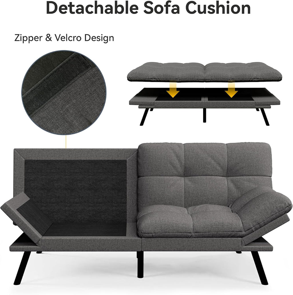 Vipbear 71' Convertible Futon Sofa Bed,Linen Fabric Futon Couch with Detachable Cushion,Adjustable Backrest & Armrest,Modern Loveseat Sleeper Recliner for Living Room,Office,Apartment,Grey