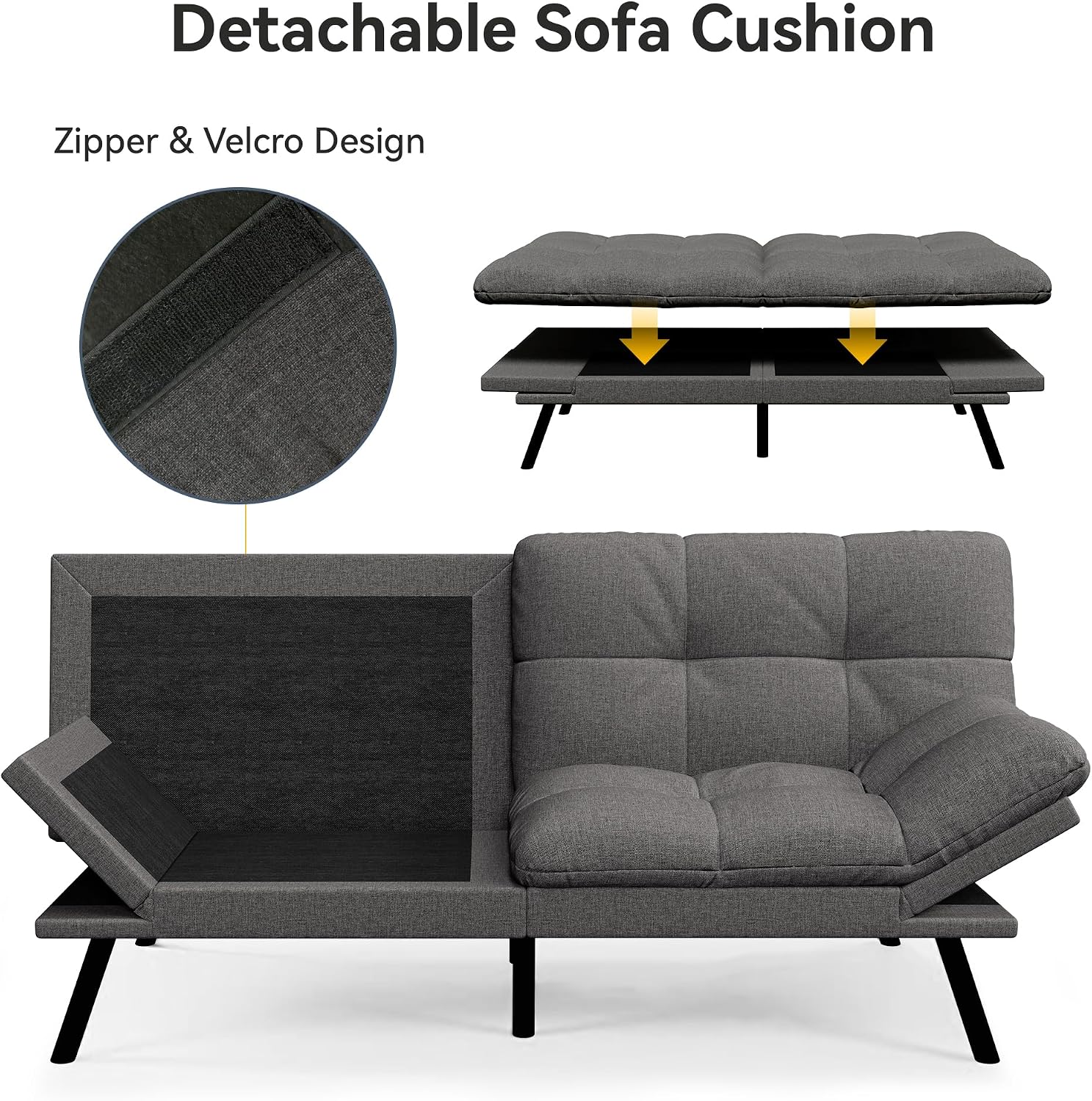 Vipbear Convertible Futon Sofa Bed,Grey Linen Fabric Futon Couch with Detachable Cushion,Adjustable Backrest & Armrest,Modern Loveseat Sleeper Recliner for Living Room,Office,Apartment