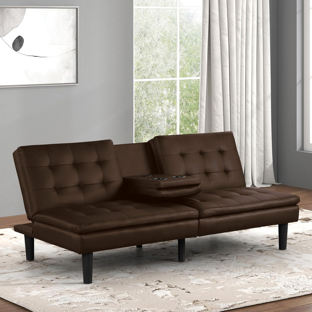 Furniture of America Fallein Modern Contemporary Wood 71.5-inch Futon Sofa Bed with Drop-Down Table, Cup Holders, USB-A Charger, Biscuit Tufting for Bedroom, Guest Room, Brown