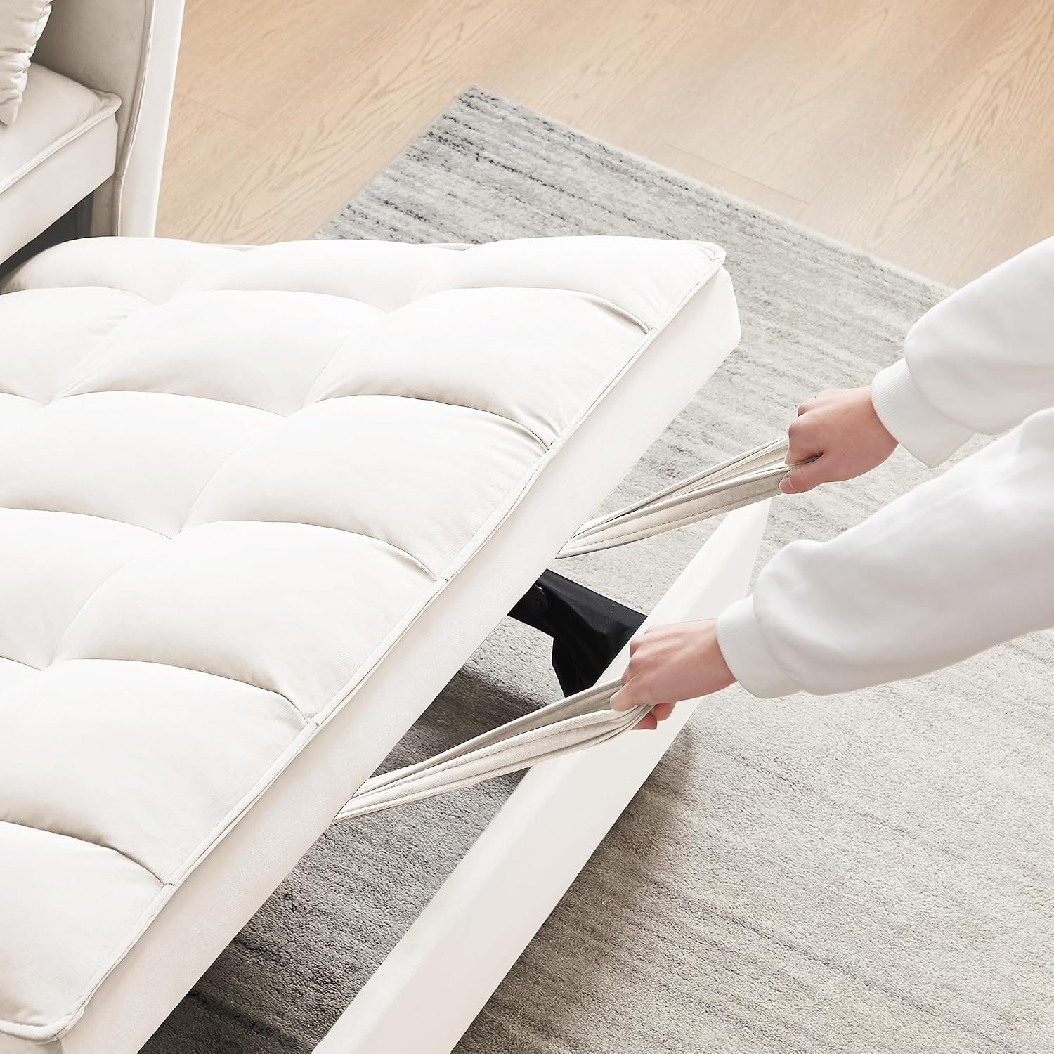 Oversized 3-in-1 Convertible Sleeper Sofa Bed, Futon Couch with Pullout Bed, 2-Seater Loveseat Sofa w/Pockets, Adjustable Backrest and Pillows for Living Room Apartment (White-55inch)