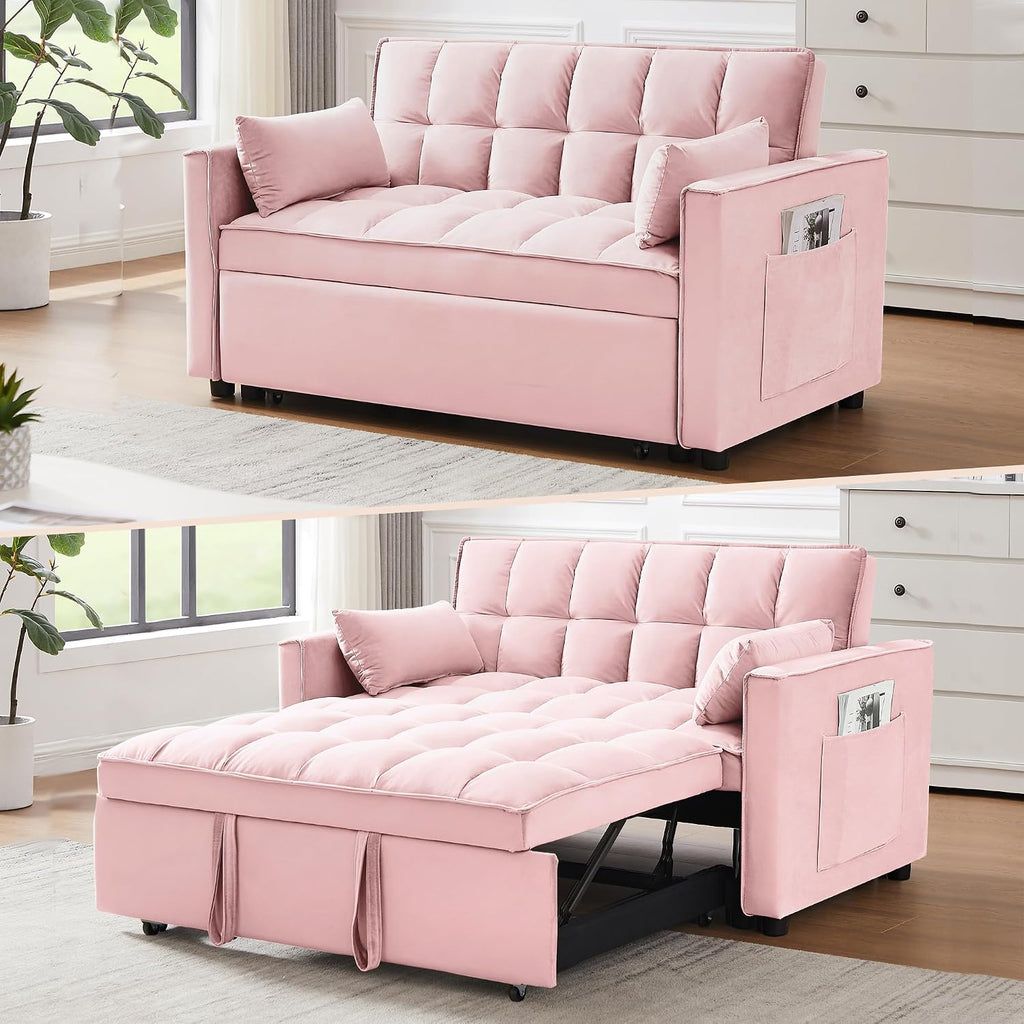 Wakefit 3 in 1 Convertible Sleeper Sofa Bed, Futon Couches for Living Room with Side Pocket | Adjustable Backrest| Velvet Fabric | Pull Out Couch | Recliner Loveseat | Sectional Sofa, Pink