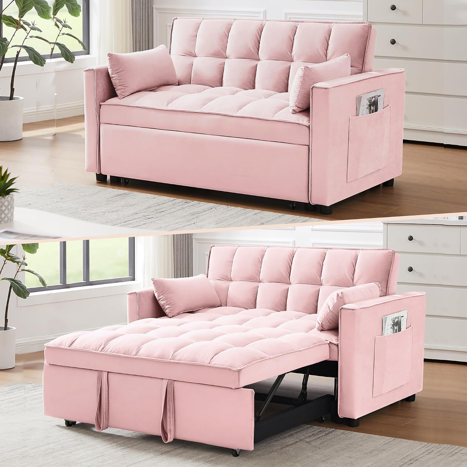 Wakefit 3 in 1 Convertible Sleeper Sofa Bed, Futon Couches for Living Room with Side Pocket | Adjustable Backrest| Velvet Fabric | Pull Out Couch | Recliner Loveseat | Sectional Sofa, Pink