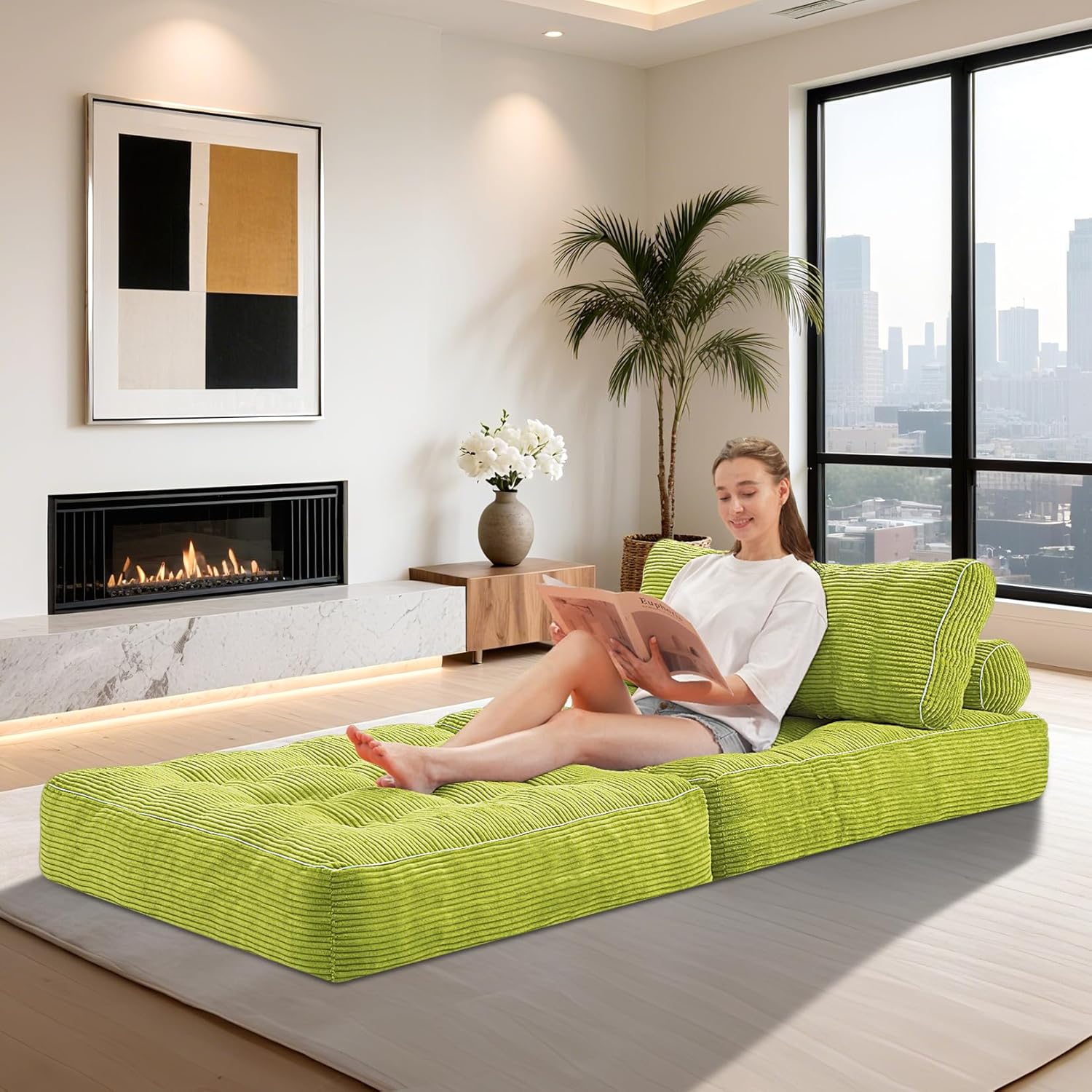HABUTWAY Folding Sofa Bed, Convertible Sleeper Chair Bed w/Dual-Pillow & Handle, Foldable Floor Sofa Lounge w/Back Support for Living Room, Bedroom, Apartment, Office, Single, Green