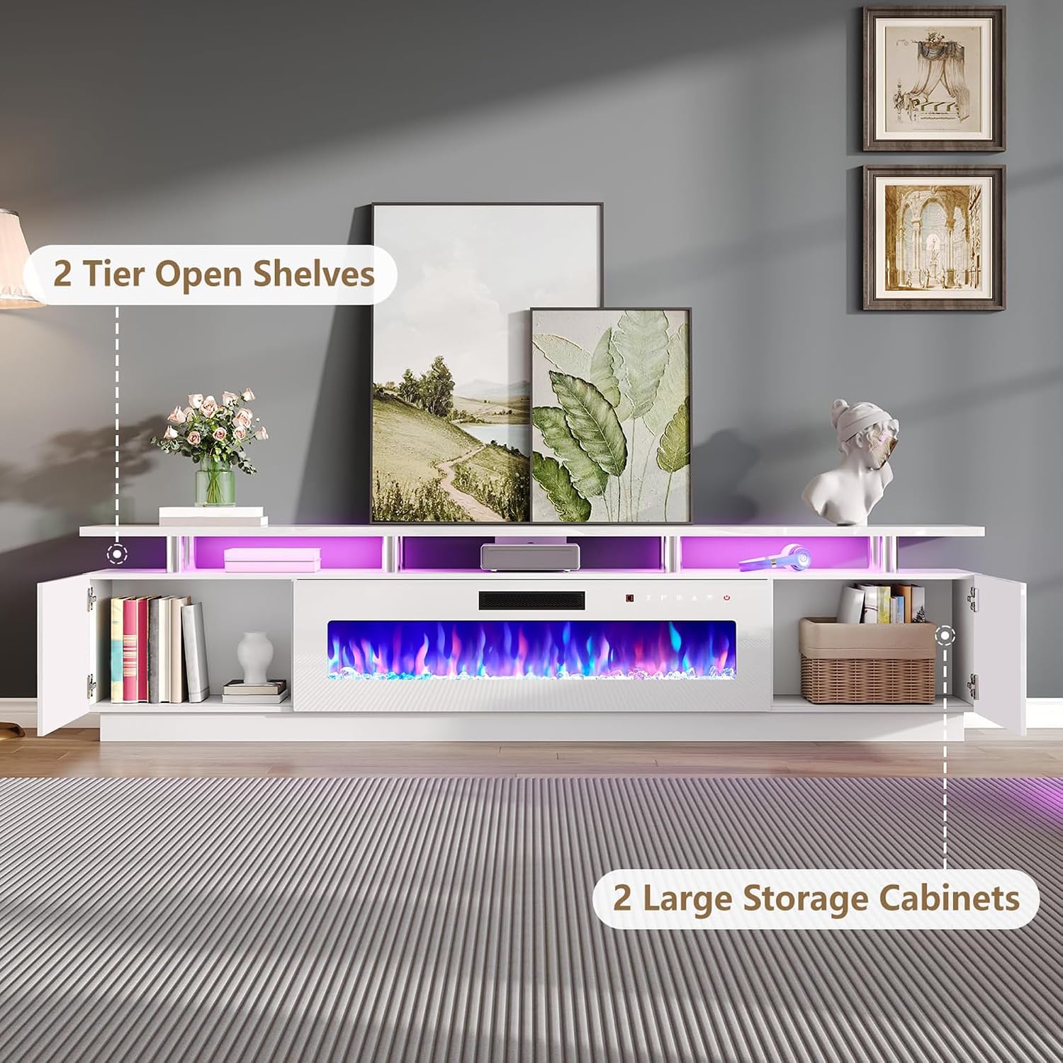 AMERLIFE 90' 2 Tier Fireplace TV Stand with 50' Fireplace, Modern Large Entertainment Center LED Lights, Media Console Table Storage Cabinet for TVs Up to 100', Living Room, White & White