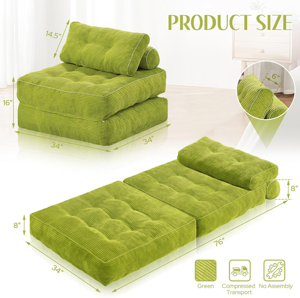 HABUTWAY Folding Sofa Bed, Convertible Sleeper Chair Bed w/Dual-Pillow & Handle, Foldable Floor Sofa Lounge w/Back Support for Living Room, Bedroom, Apartment, Office, Single, Green