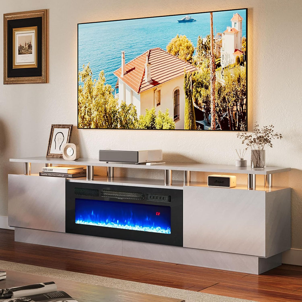 oneinmil Fireplace TV Stand with 36' Electric Fireplace, 80' 2 Tier TV Console Stand for TVs Up to 90', LED Light Entertainment Center, Fireplace for The Living Room TV Stand, Gray