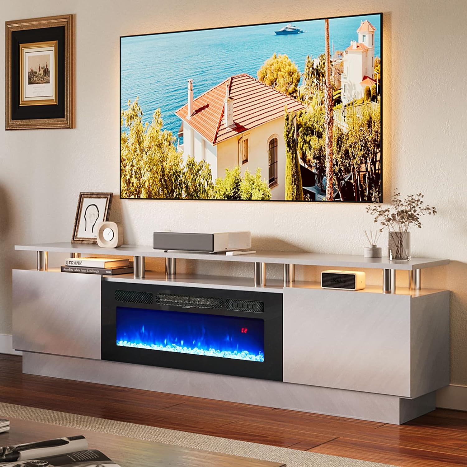 oneinmil Fireplace TV Stand with 36' Electric Fireplace, 80' 2 Tier TV Console Stand for TVs Up to 90', LED Light Entertainment Center, Fireplace for The Living Room TV Stand, Gray