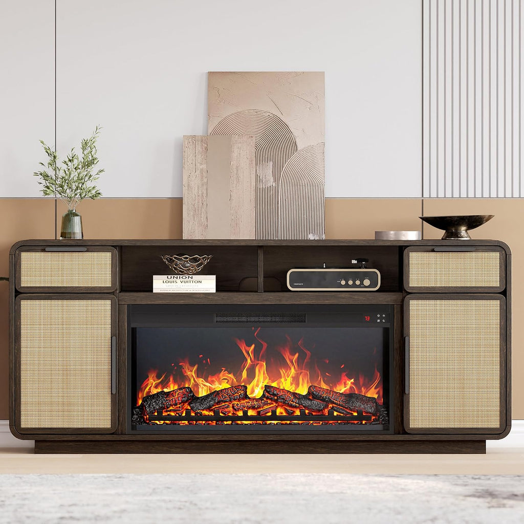 BELLEZE 68' TV Stand for TV Up to 75',Boho Entertainment Center with 36' Electric Fireplace Heater with Sound, Rattan Decorated Console Table Storage Cabinet for Living Room, Bedroom - (Brown)