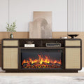 BELLEZE 68' TV Stand for TV Up to 75',Boho Entertainment Center with 36' Electric Fireplace Heater with Sound, Rattan Decorated Console Table Storage Cabinet for Living Room, Bedroom - (Brown)