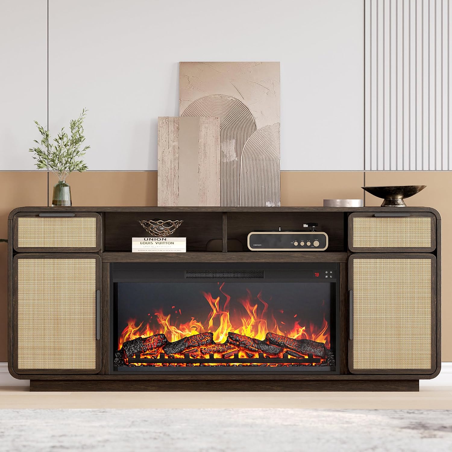 BELLEZE 68' TV Stand for TV Up to 75',Boho Entertainment Center with 36' Electric Fireplace Heater with Sound, Rattan Decorated Console Table Storage Cabinet for Living Room, Bedroom - (Brown)
