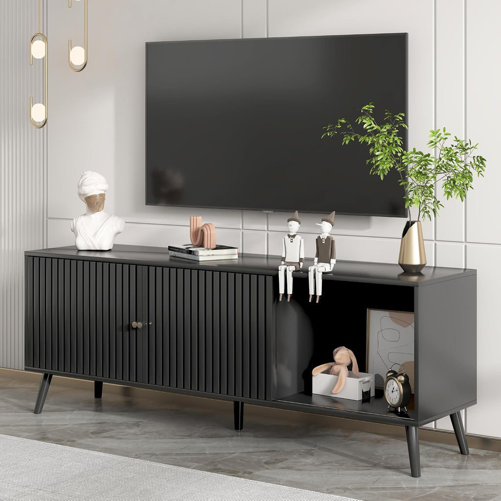 Oubayajia Mid Century Modern TV Stand for Televisions up to 70 Inches, with Sliding Doors and Storage, Television Stands, TV Consoles, Media Consoles for Living Room, 63 Inch (Black)