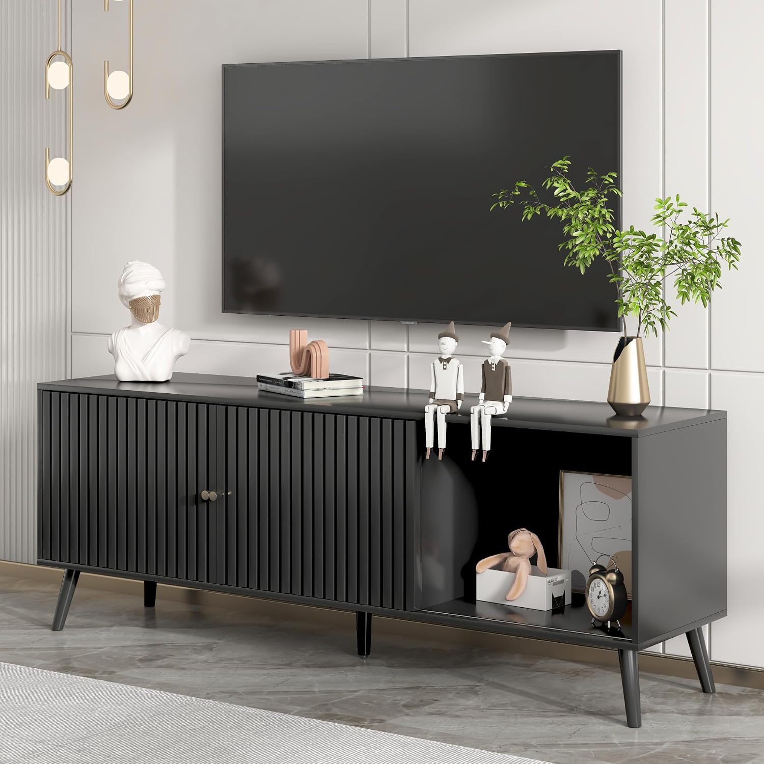 Oubayajia Mid Century Modern TV Stand for Televisions up to 70 Inches, with Sliding Doors and Storage, Television Stands, TV Consoles, Media Consoles for Living Room, 63 Inch (Black)