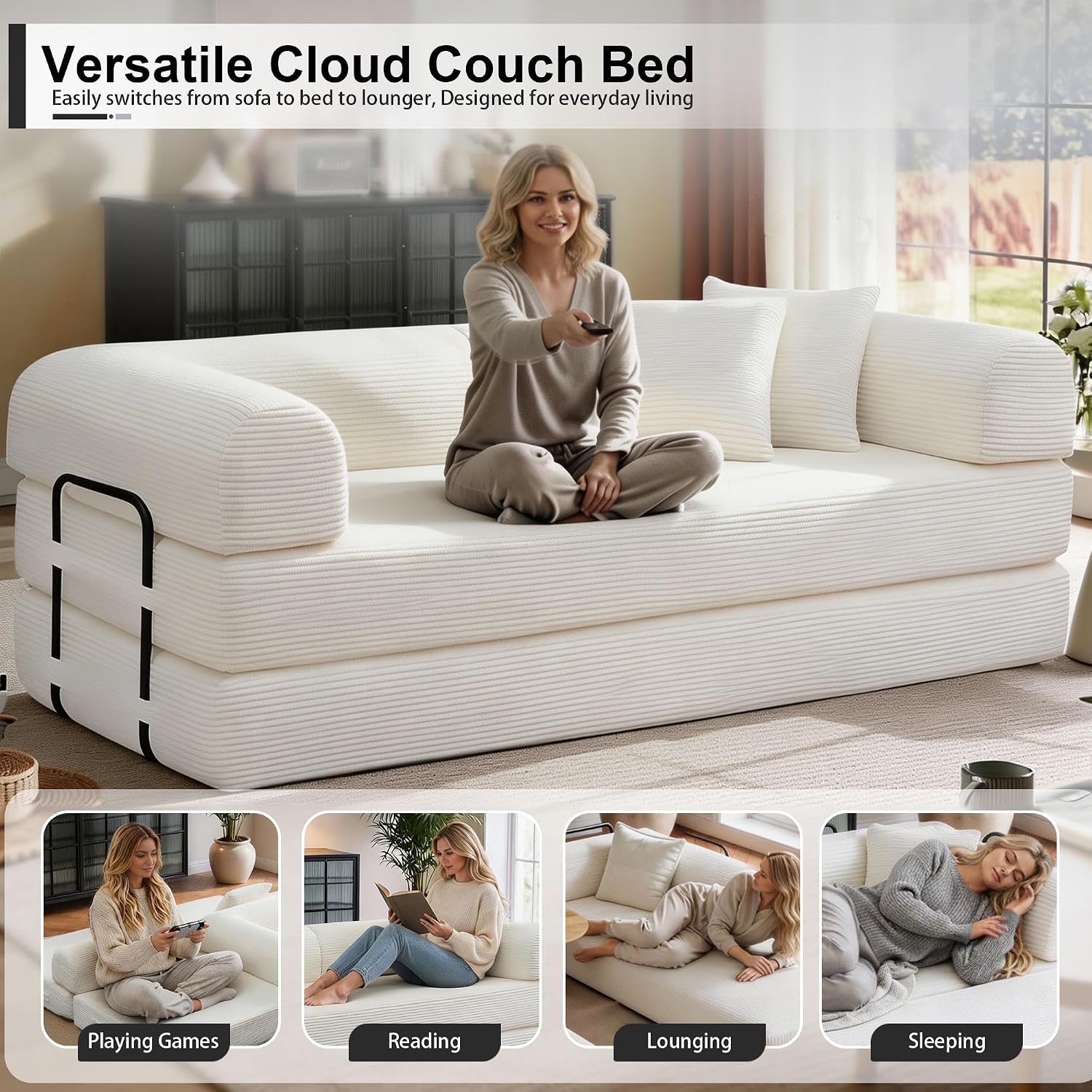 JJJ 78 inch Sofa Bed 4-in-1 Boneless Convertible Corduroy Sleeper Folding Couch with Fixed-Shape Frame and 2 Pillows Futons No-Assembly 3 Seater Upholstered for Living Room (Beige, 78 inch)