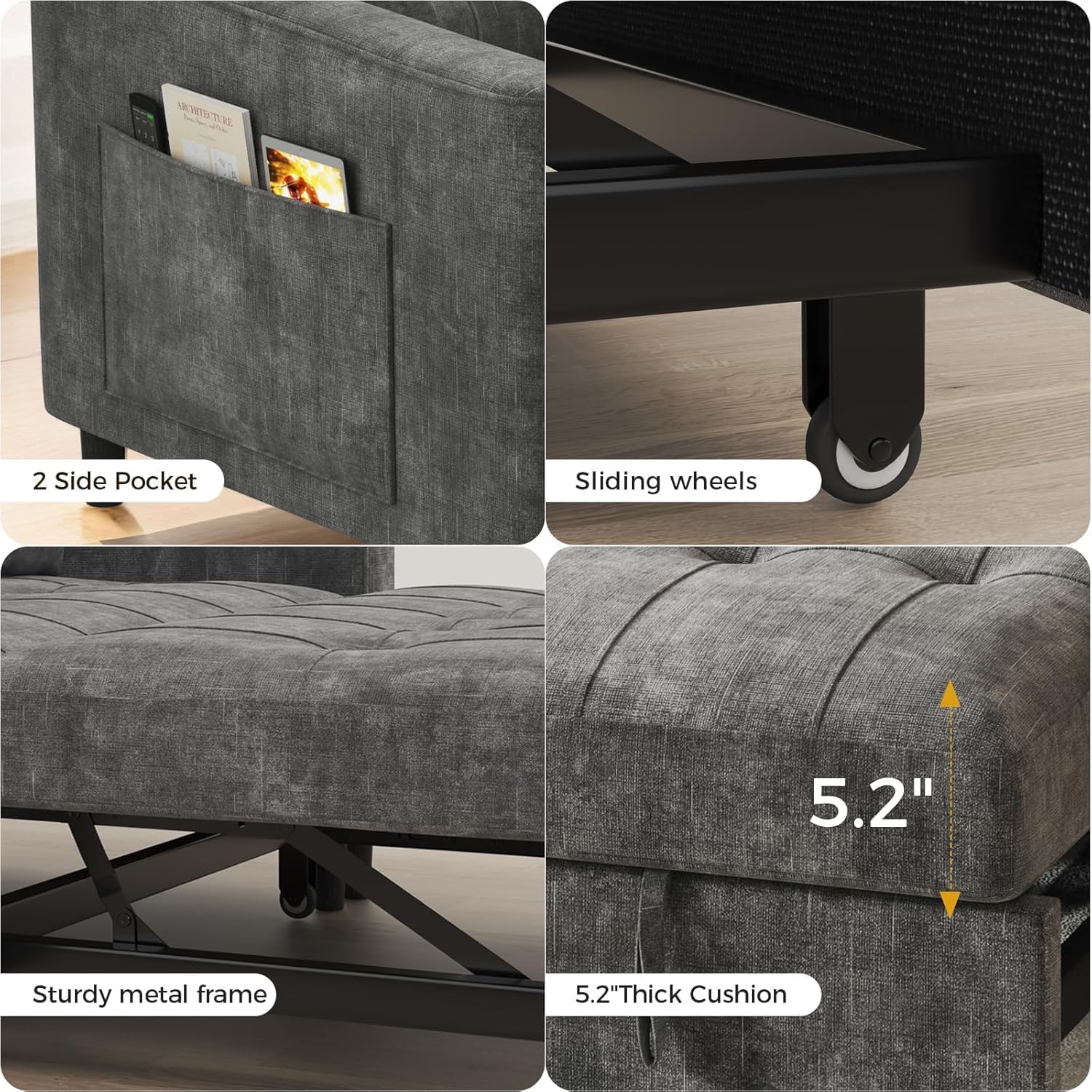 KKL 3 in 1 Convertible Sleeper Sofa Bed, Pull Out Couch Bed with Adjustable Backrest, Chenille Loveseat Couches with Side Pocket,Futon Sofa Beds Couch for Living Room, Bedroom,(Dark Grey)