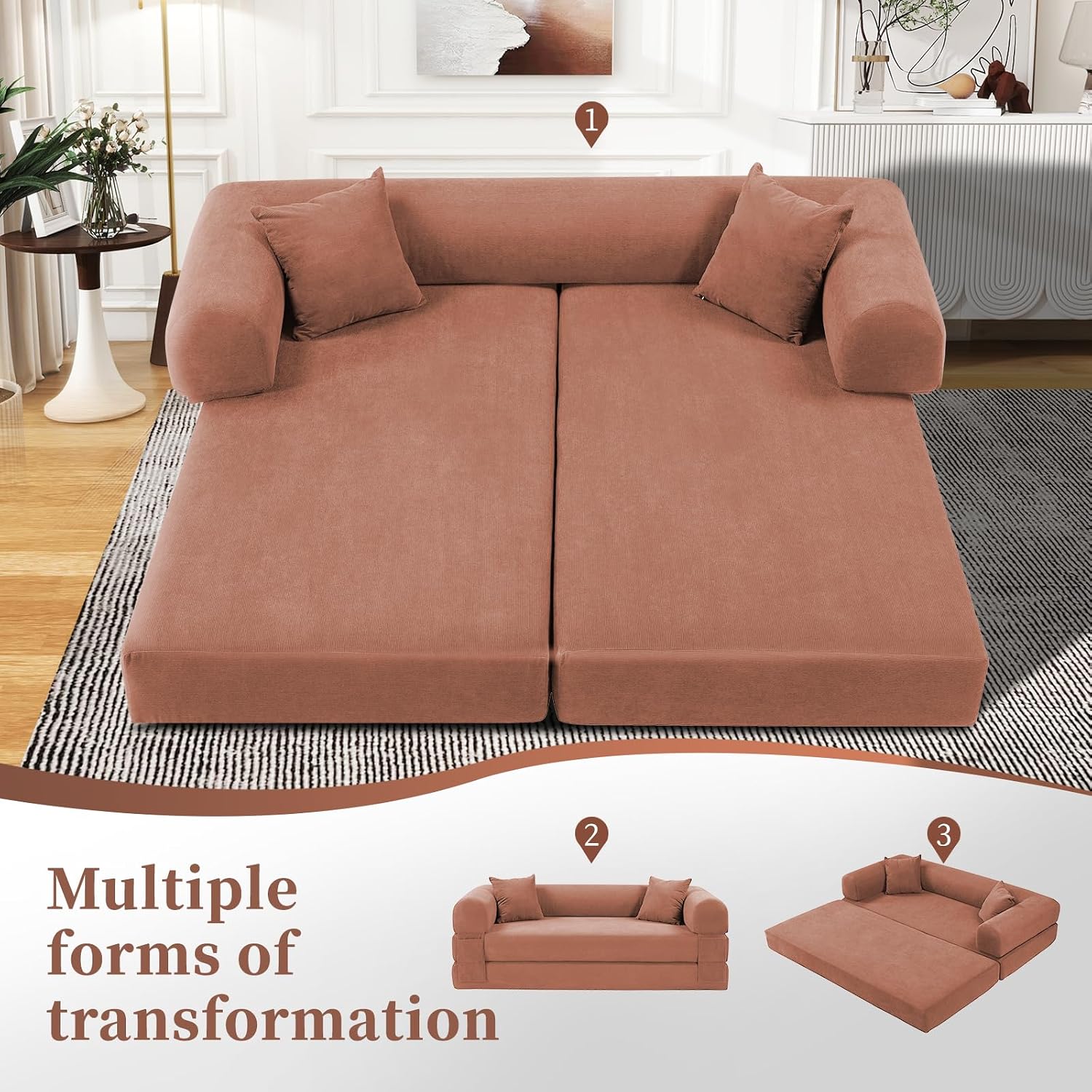 KBQ 3-Seat Convertible Sleeper Sofa Bed with 2 Pillows, Corduroy Folding Mattress Couch, Floor Sofa Lounge Couch for Living Room Bedroom Lounge Studio, Pink