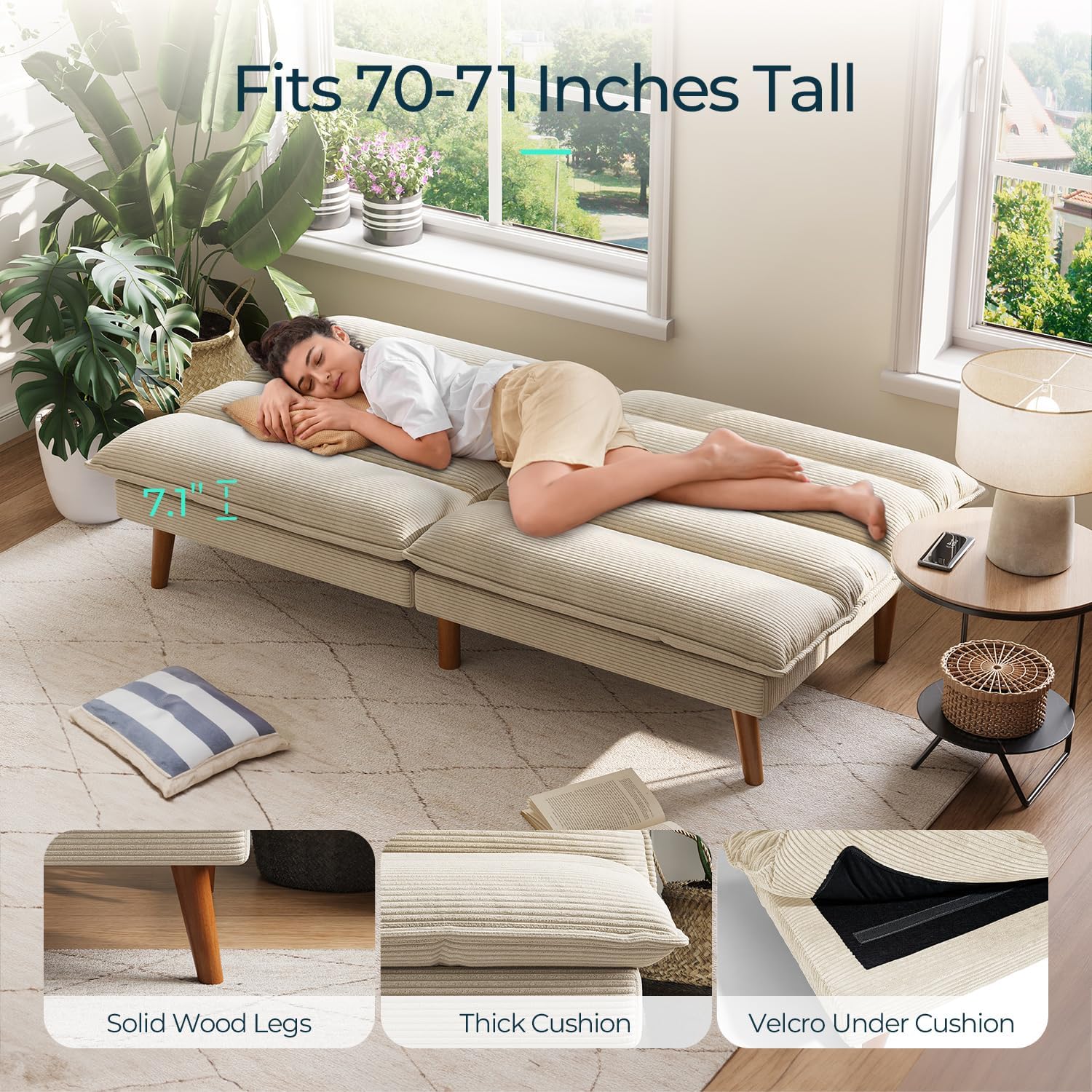 LINSY 71 Inch Futon Sofa Bed Corduroy Futon Couch with Adjustable Backrest, Convertible Folding Futons Sofa Couches for Small Spaces Living Rooms Apartment Office (Beige)