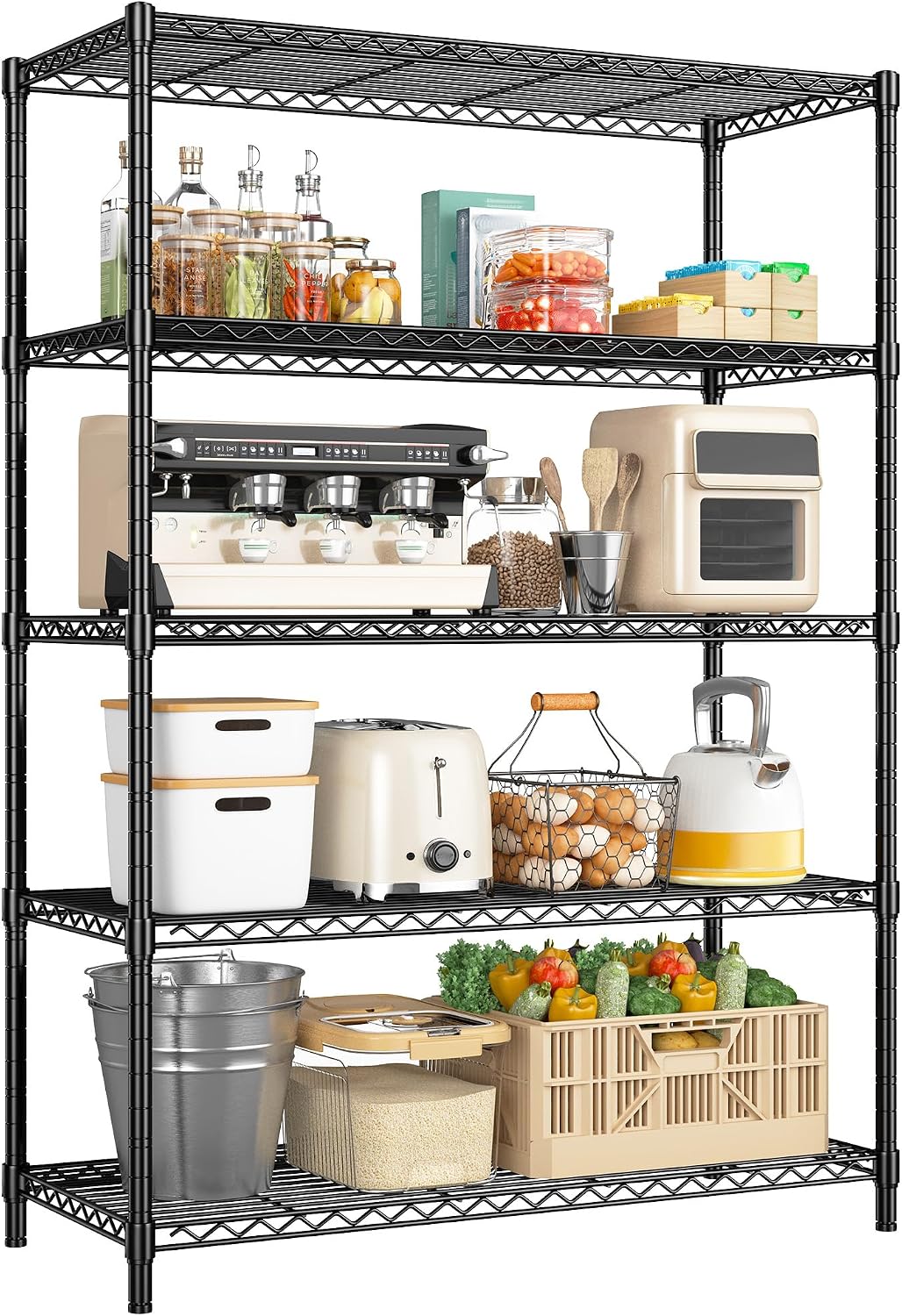 5 Tier Storage Shelves 71'H Wire Shelving Adjustable Metal Shelving,1000LBS Pantry Shelves Sturdy Steel Wire Shelf for Kitchen School Pantry Garage Warehouse ,71'H X35.5'W X13.8'D, Black,2P