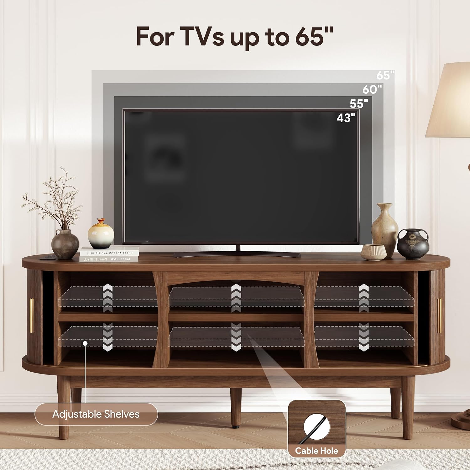 Decofy Mid Century TV Stand for TVs up to 65 Inches, Entertainment Center with Storage, Power Outlet, Fluted Sliding Doors & Adjustable Shelves, Modern Media TV Console Table for Living Room (Walnut)
