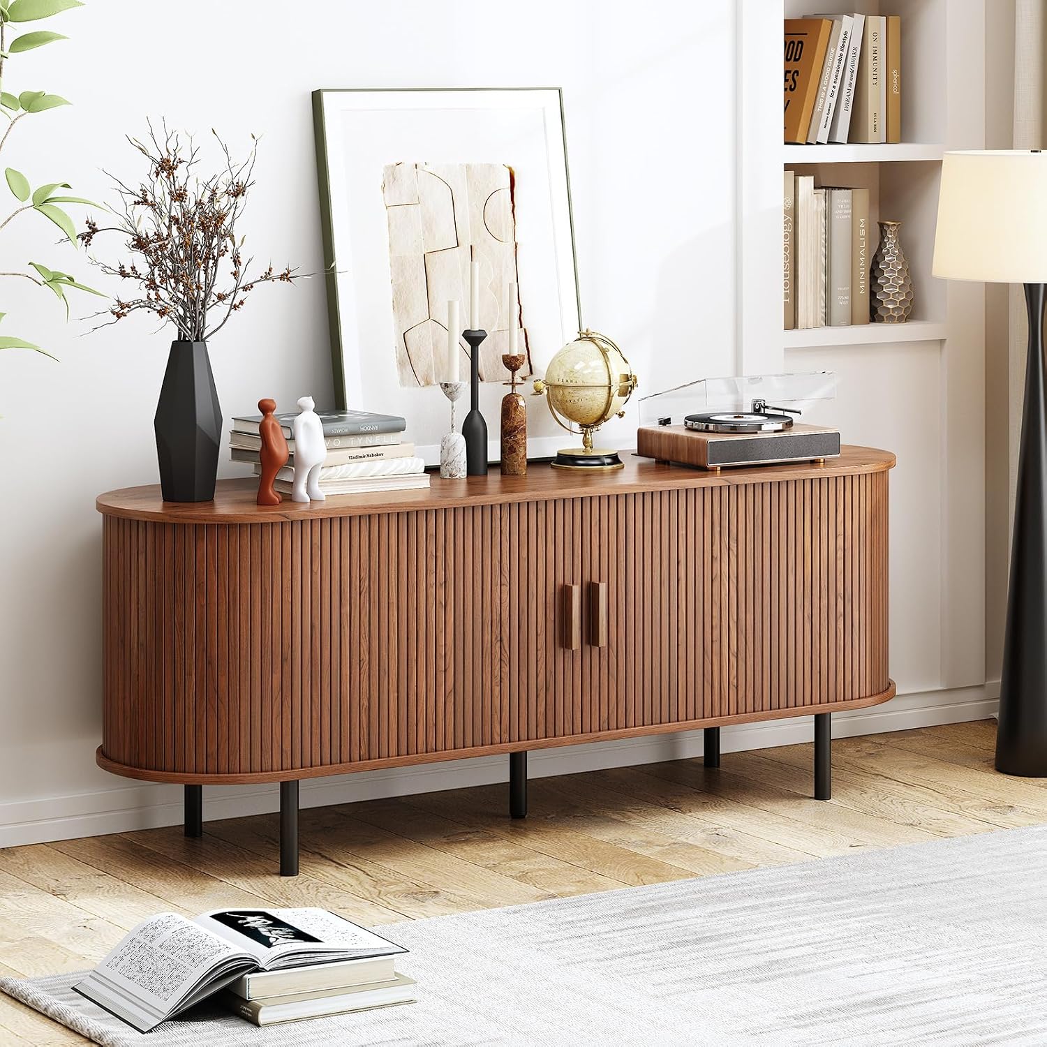 55' TV Stand with Power Outlet, Mid-Century Modern Television Stand, Fluted Media Console with Sliding Doors, Entertainment Center for TVs up to 60 Inch, Adjustable Shelves, Walnut