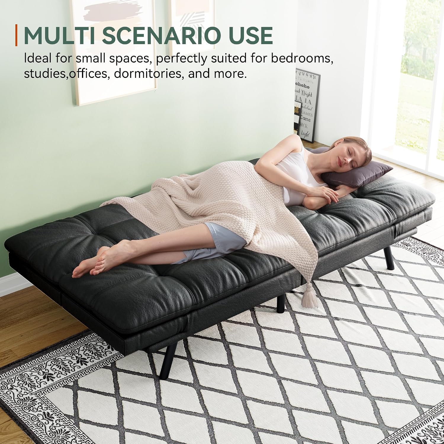 Opoiar 71' L Covertible Futon Sofa Bed,Faux Leather Futon Couch, Memory Foam Modern Loveseat Sleeper, Small Splitback Sofa Couches for Living Room,RV,Home Office,Apartment,Matte Black