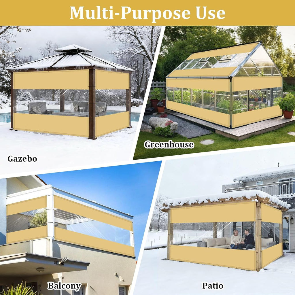 Shade&Beyond Outdoor Vinyl Curtain, 12'W x 18'L Heavy Duty Clear Tarp with Grommets Waterproof, Privacy Clear Panel UV-Resistant for Pergola Gazebos Porch Enclosure Patio(Customized Size, Beige)