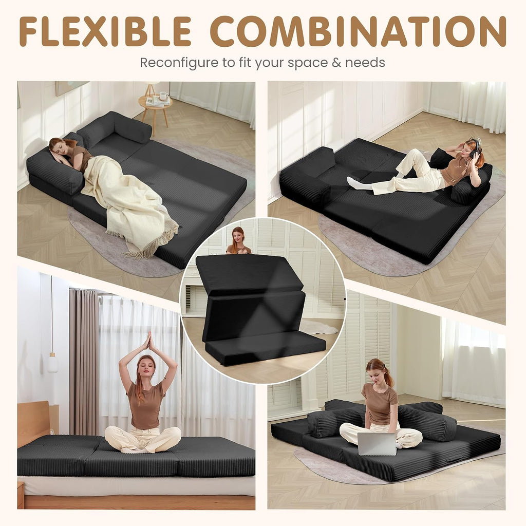 Convertible Sofa Bed Queen,5-in-1 Tri-Fold Boneless Couch with Removable Armrests & Handle,Corduroy Futon Sleeper Sofa,Floor Folding Mattress Pull Out Bed for Small Space Living Room Bedroom,Black