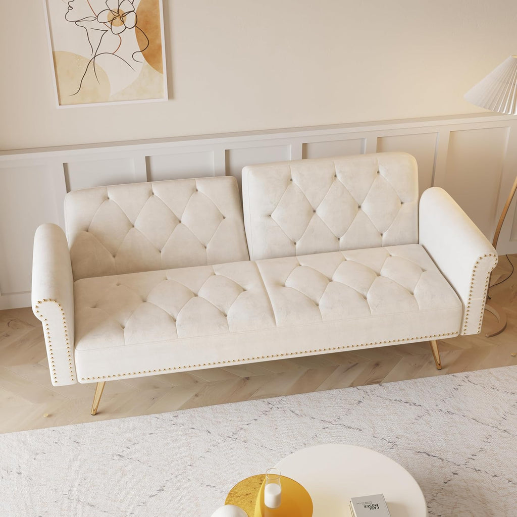 ERYE Tufted Futon Sofa Bed Modern Velvet Upholstered Loveseat Sleeper Futon Sofabed with Split Adjustable Backrest, Nailhead Decor and Elegant Golden Legs for Home Apartment RV Office Studio Bedroom