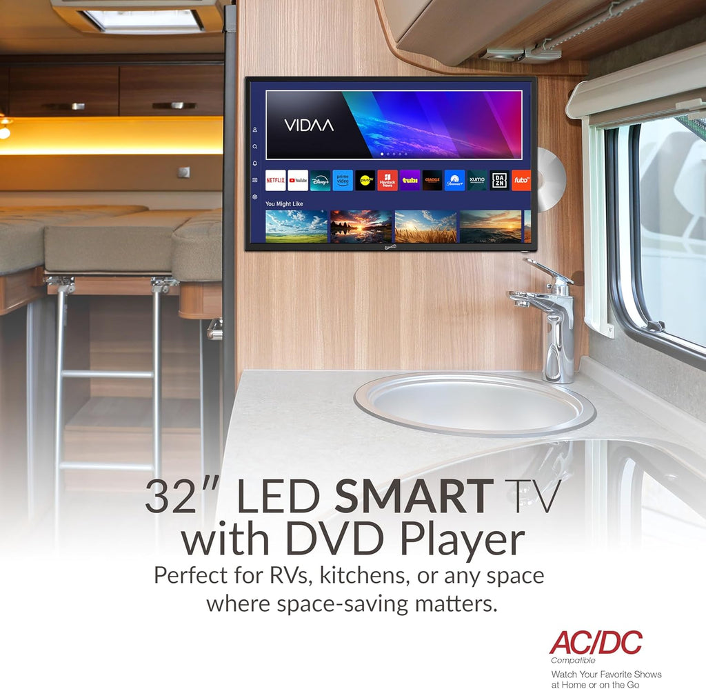 Supersonic SC-3226SDVD 32-inch LED Smart HDTV w/DVD Player, ATSC & NTSC System, 3X HDMI, 1080p, WiFi, USB, Multi Language OSD, AC/DC Compatible for Home, Kitchen, or RV Camper, DC Car Cord Included