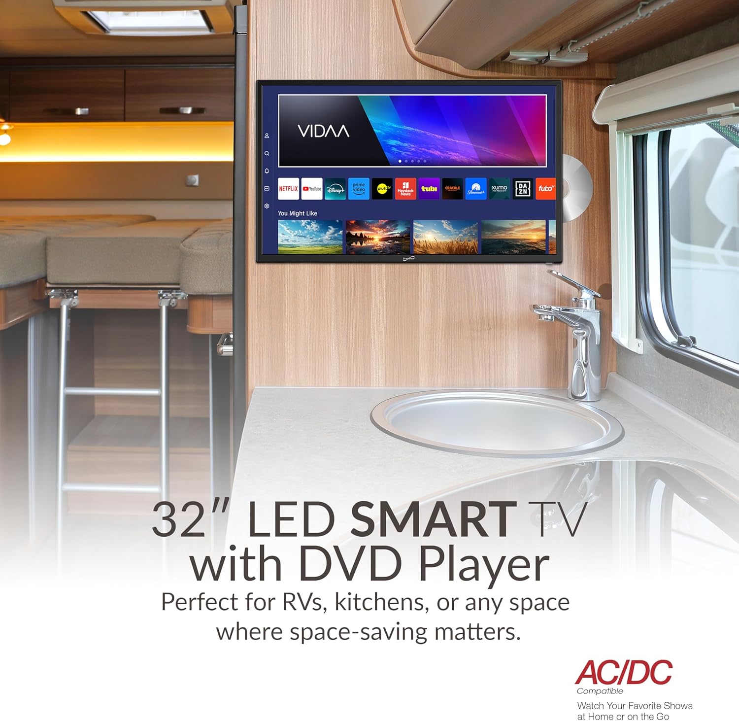 Supersonic SC-3226SDVD 32-inch LED Smart HDTV w/DVD Player, ATSC & NTSC System, 3X HDMI, 1080p, WiFi, USB, Multi Language OSD, AC/DC Compatible for Home, Kitchen, or RV Camper, DC Car Cord Included