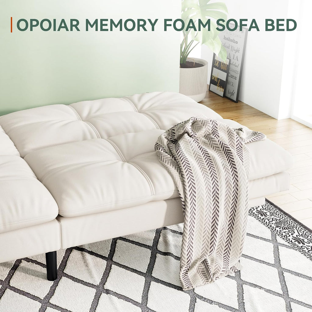 Opoiar 71' L Covertible Futon Sofa Bed,Faux Leather Futon Couch, Memory Foam Modern Loveseat Sleeper, Small Splitback Sofa Couches for Living Room,RV,Home Office,Apartment,White