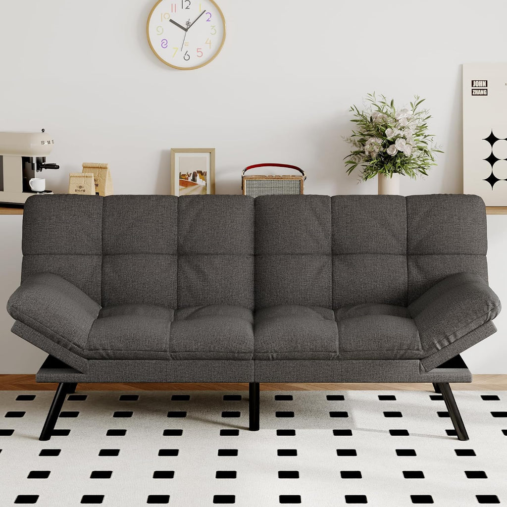 Futon Sofa Bed Convertible Couch, Grey Linen Sofa Bed with Memory Foam, Adjustable Backrest & Armrests, Multifunctional Small Loveseat Sleeper Sofa for Living Room, Apartment, Office