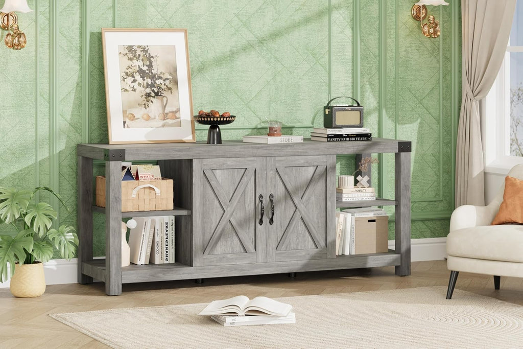 Garvee TV Stand for 65'' TV, Farmhouse Entertainment Center with Storage, 60'' TV Console Table with Shelves, Modern Media Console Cabinet with Doors, Wooden TV Stand for Living Room, Bedroom, Grey
