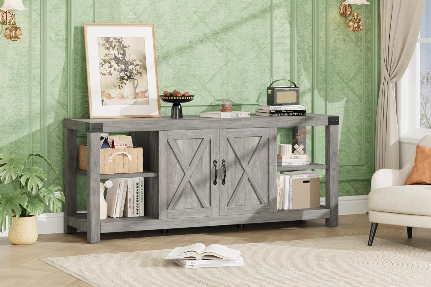 Garvee TV Stand for 65'' TV, Farmhouse Entertainment Center with Storage, 60'' TV Console Table with Shelves, Modern Media Console Cabinet with Doors, Wooden TV Stand for Living Room, Bedroom, Grey