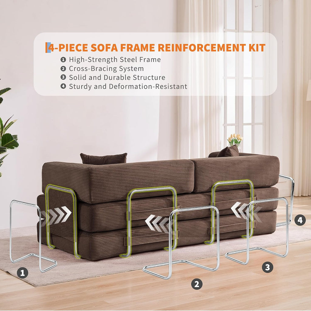 Garvee 5-in-1 Convertible Sofa Bed, 78.8' Modular Corduroy Sleeper with Sturdy Frame & No Assembly, Multi-Functional Futon for Small Space, Living Room & Guest Room (Brown)