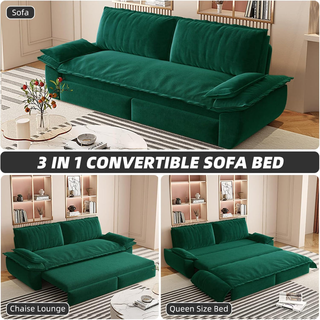 3 in 1 Convertible Queen Sleeper Sofa Bed Comfy Pull Out Futon Couch Bed 73.2' Modern Velvet Recliner Loveseat Sofa Multi-Functional Green Cloud Couch for Living Room,Apartment,Office (Green 73.2')